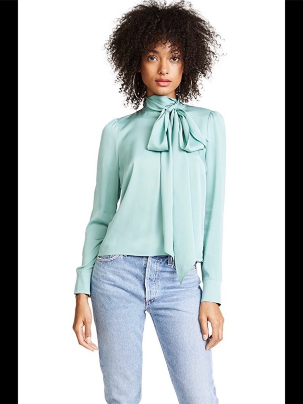 Milly Silk Mint Tie-Neck Long Sleeve Blouse